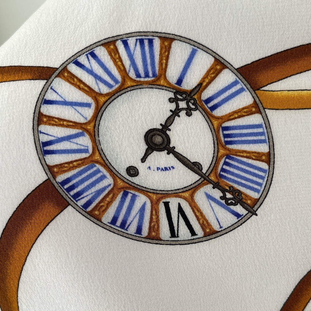 SCARF Square Unsigned Classic Clock Pattern Navy Gold Cream Timeless Chic - Picture 12 of 16